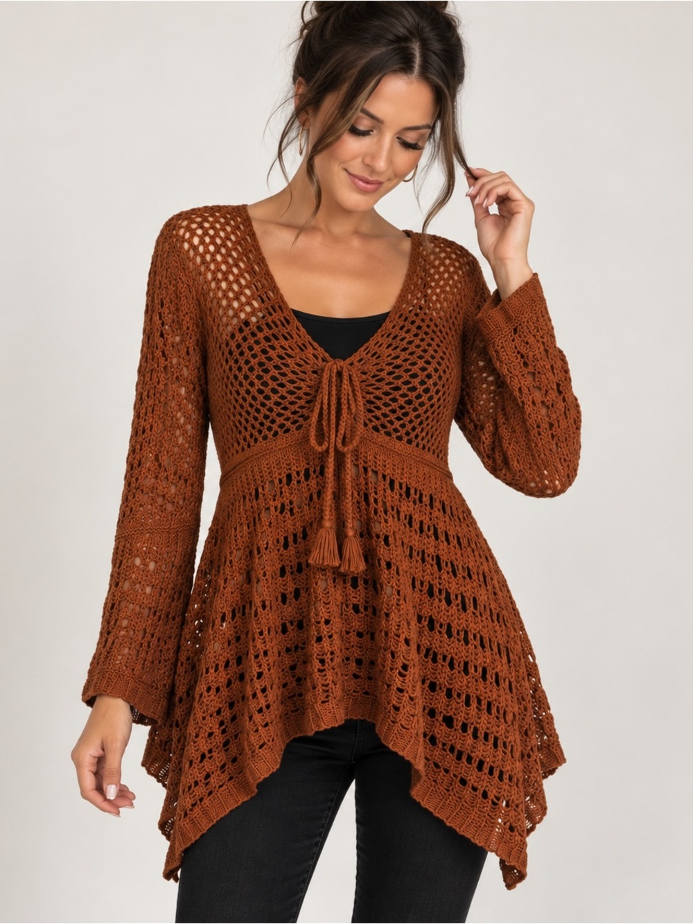 Umgee Crochet Sweater Rust Brown Tie Front Boho Handkerchief Hem L